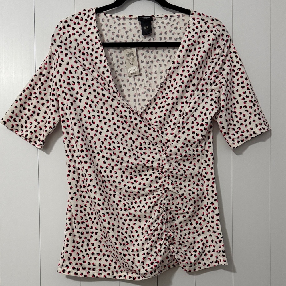 NWTs Ann Taylor White V-Neck Short Sleeve Top - Red Spot Print